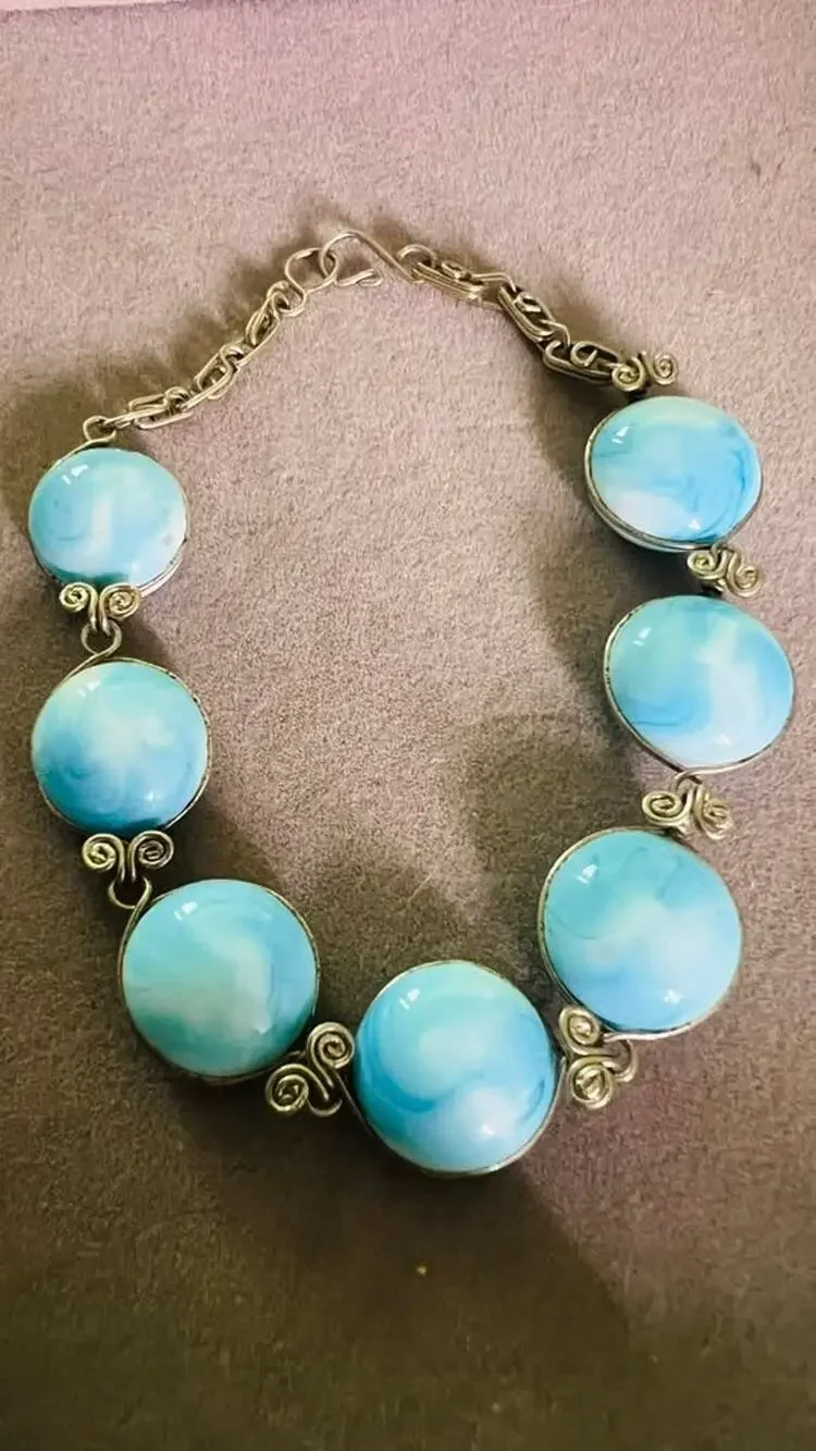Blue Vintage Larimar Style Cabochon Silver-Tone Wire Wrapped Bracelet